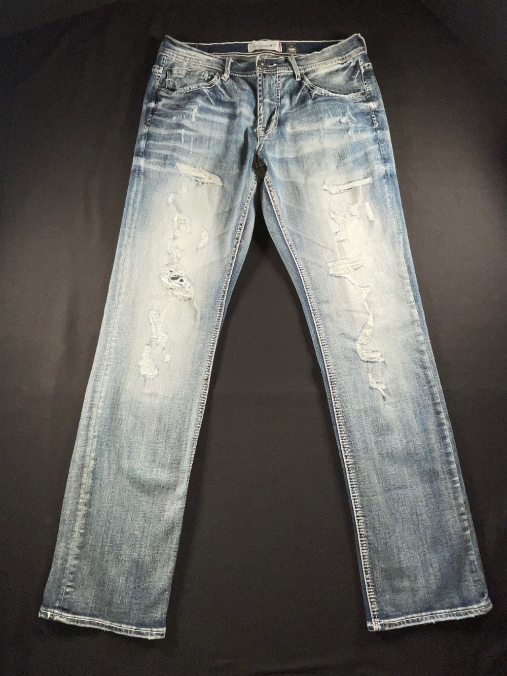 DepartWest Men's Seeker Straight Jeans 31R Distressed Ripped Blue Buckle Denim